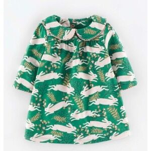 Baby Boden Girls Teal Green Leaping Bunny Rabbit Peter Pan Collar Dress 6-12M